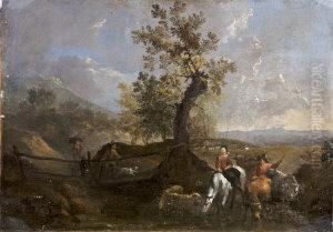 Drovers Watering Their Animals By A Footbridge In A Southern Landscape