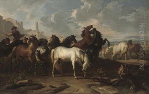 A Drover Herding Horses Along A Track by Pieter van Bloemen