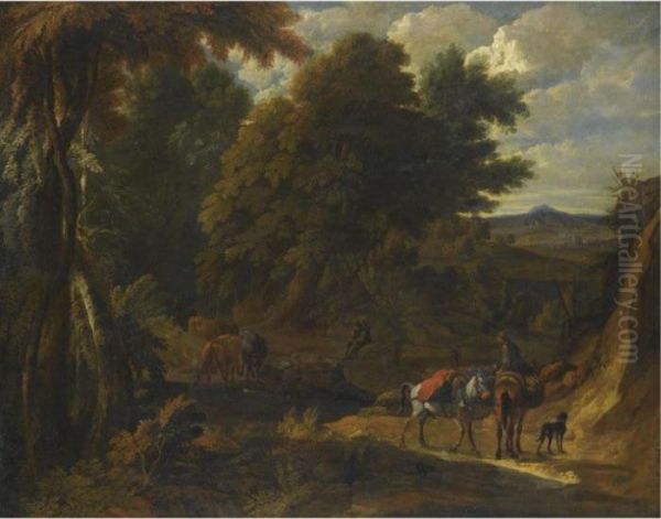 A Wooded Landscape With Herders And Their Animals On A Path - view 1