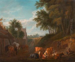 Vor Der Scheune Mit Milchmagd Und Kuhen by Pieter van Bloemen