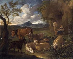 Pastore E Contadina Con Armenti In Un Paesaggio by Pieter van Bloemen