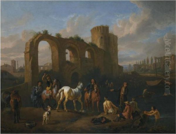 A Roman Landscape With Horsemen
And Bathers At A Watering Hole,architechtural Ruins Beyond - view 1