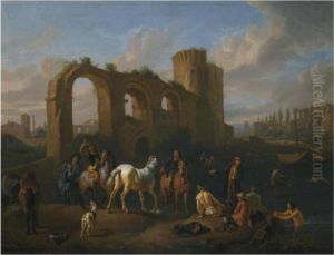 A Roman Landscape With Horsemen 
And Bathers At A Watering Hole,architechtural Ruins Beyond