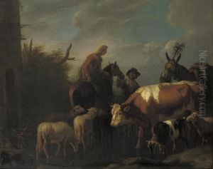 A Peasant Couple Amongst Their Cattle And Sheep