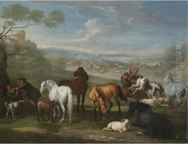 Herdsmen With Horses And Sheep In The Foreground, A Battle Beyond - view 1