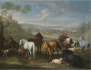 Herdsmen With Horses And Sheep In The Foreground, A Battle Beyond thumbnail