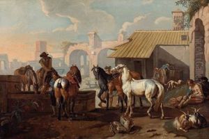 Pferde An Der Tranke Vor Stadtromischen Ruinen by Pieter van Bloemen