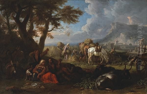 An Extensive Landscape With
Harvesters Working In A Field And Others Resting Under A Tree - view 1