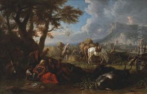 An Extensive Landscape With 
Harvesters Working In A Field And Others Resting Under A Tree