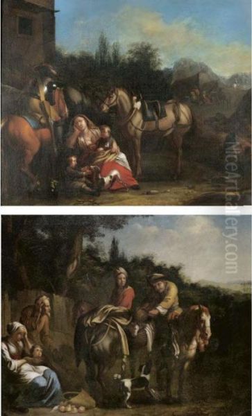 A Cavalier On Horseback Outside A Camp, A Woman Resting With Her Two Children Nearby - view 1