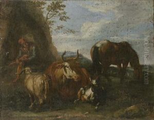Pastore Con Armenti; E Sosta Di Cavalieri Presso Un Casolare by Pieter van Bloemen