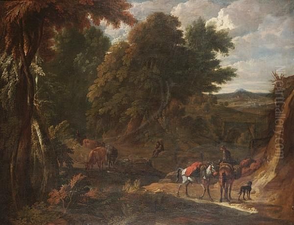 A Wooded Italianate Landscape
With A Traveller On A Path And A Drover Watering His Cattle At A Stream;
And An Italianate Landscape With Travellers On A Path, A View To Tivoli
Beyond - view 1