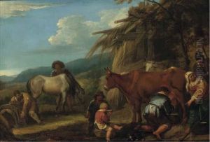 A Peasant Milking A Cow With A 
Groom And Horse And Other Peasantsby A Hut, A Landscape Beyond by Pieter van Bloemen