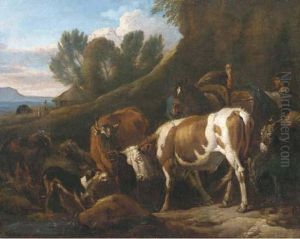 A Peasant With Cows, A Mule, Sheep, A Donkey And A Turkey In Anitalianate Landscape