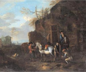 Horsemen At A Blacksmith's Forge, With A Horse Being Shod