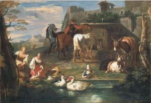 Washerwomen At A Pond With 
Ducks, Goats And A Donkey, A Riderwatering Horses At A Fountain And A 
Landscape Beyond