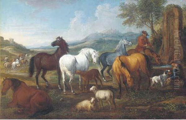 An Extensive Landscape With Horses At A Trough - view 1