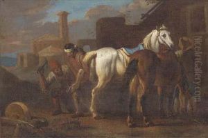 Farriers Working On A Horse In A Village by Pieter van Bloemen