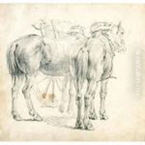 Study Of Two Horses Resting By Their Cart
