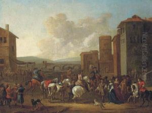 An Italianate Town With Horsemen, Elegant Figures And Merchants, Abridge Beyond by Pieter van Bloemen