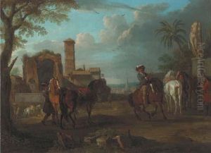 An Italianate Town With Roman Ruins And Horsemen In Theforeground by Pieter van Bloemen