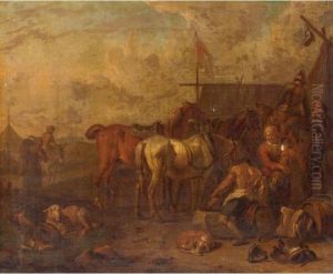 An Italianate Landscape With Travellers Playing Cards Outside A Tavern by Pieter van Bloemen