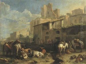 Viandanti In Sosta E Armenti Vari Davanti Ad Una Taverna Con Rovineromane Sullo Sfondo by Pieter van Bloemen