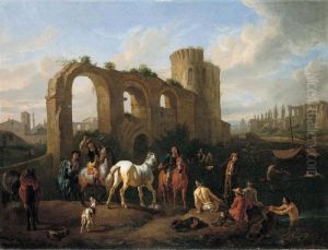 A Roman Landscape With Horsemen 
And Bathers At A Watering-hole, Architectural Ruins Beyond