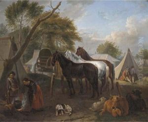 A Military Encampment With Figures Cooking In The Foreground