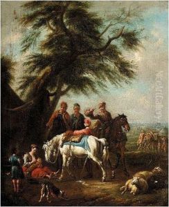 Landscape With Travellers And Horses Resting Under A Tree by Pieter van Bloemen