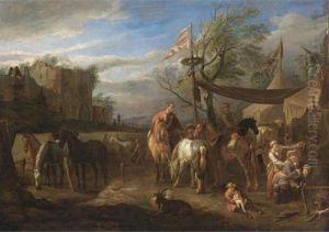 Riders Halted And Resting At A Military Encampment by Pieter van Bloemen
