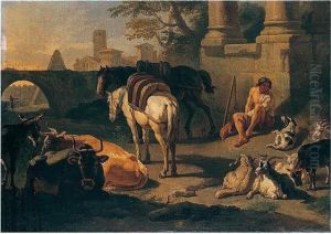 A Drover And Pack-animals Resting Among Roman Ruins