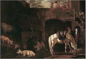 Cattle, Sheep And Horses Resting Beside A Drinking Trough Within A Town Wall