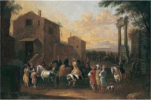 A Town Scene With Cavaliers And Orientals Before A Fountain