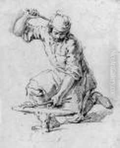 A Blacksmith Kneeling At His Anvil by Pieter van Bloemen