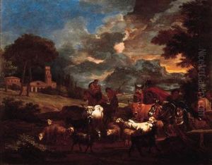 Shepherds, Cowherds And Muleteers With Cattle And Flock In Anitalianate Landscape