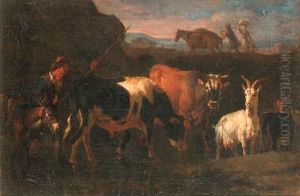 A Cowherd With Cattle, A Goat And A Donkey In An Italianatelandscape