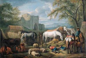 Cavalry Man Halting At A 
Refreshment Place For Horses Outside Atown Gate, A Shepherd Boy Asleep 
In The Foreground; And Cowherdsand Shepherds Fording Cattle, Sheep And 
Goat In A Mountainouslandscape
