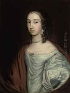 Portrait Of A Lady, Half-length,
 In A Blue Dress With A Red Wrap And Pearls, In A Feigned Oval