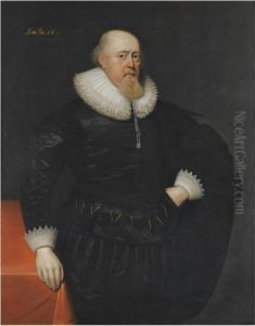 Portrait Of A Gentleman 
Three-quarter Length, Standing Beside A Table, Wearing A Black Suit With
 Lace Ruff And Cuffs