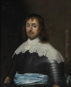 A Portrait Of Edward Cornewall Esquire, In Armor With A Lace Collar And A Blue Sash