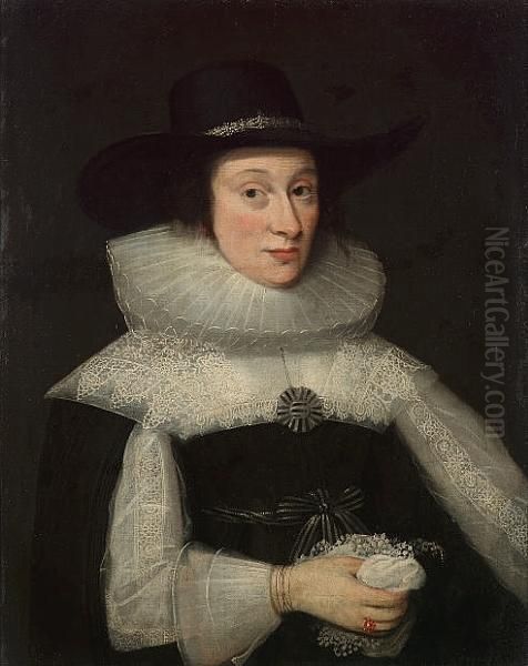 Portrait Of A Lady, Half-length,
In Black Costume With White Lace Sleeves And Collar, And A Black Hat - view 1