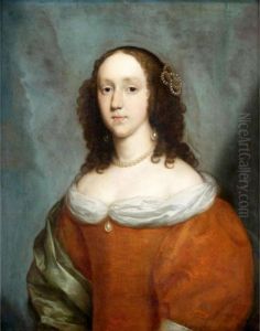 Portrait Of A Lady, Half Length, Wearing An Orange Silk Dress And A Green Silk Shawl
