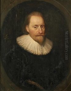 A Portrait Of A Bearded 
Gentleman, Half Length, With Black Coat And Lace Ruff, Within A Painted 
Oval