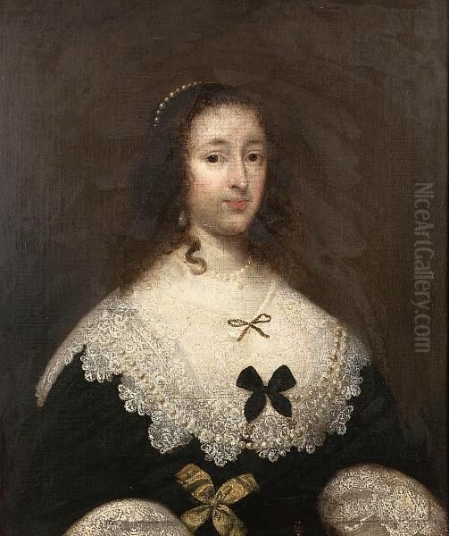 Portrait Of A Lady, Half-length,
In A Black Dress With A White Lace Collar And Cuffs, With Yellow And
Black Bows - view 1