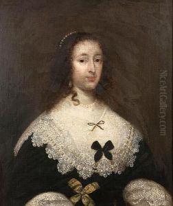 Portrait Of A Lady, Half-length,
 In A Black Dress With A White Lace Collar And Cuffs, With Yellow And 
Black Bows