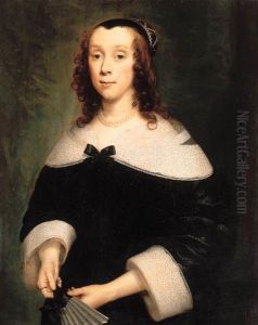 Portrait Of A Lady, Half-length,
 In A Black Dress With A Lacecollar And Cuffs, Holding A Fan