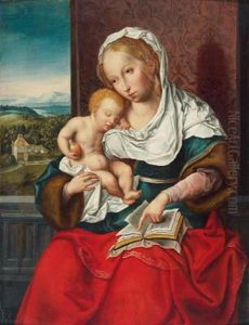 Maria Con Il Bambino Seduta Presso Una Finestra Che Guarda Un Ampio Paesaggio Fluviale Maria Con Il Bambino Seduta Presso Una Finestra Che Guarda Un Ampio Paesaggio Fluviale