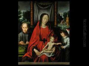 Die Heilige Familie Mit Einem Engel, Der Dem Jesuskind Eineweintraube Reicht by Joos Van Cleve