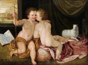 Gesu Bambino E San Giovannino Con L""""agnello In Un Interno Con Vista Su Un Paesaggio Gesu Bambino E San Giovannino Con L""""agnello In Un Interno Con Vista Su Un Paesaggio